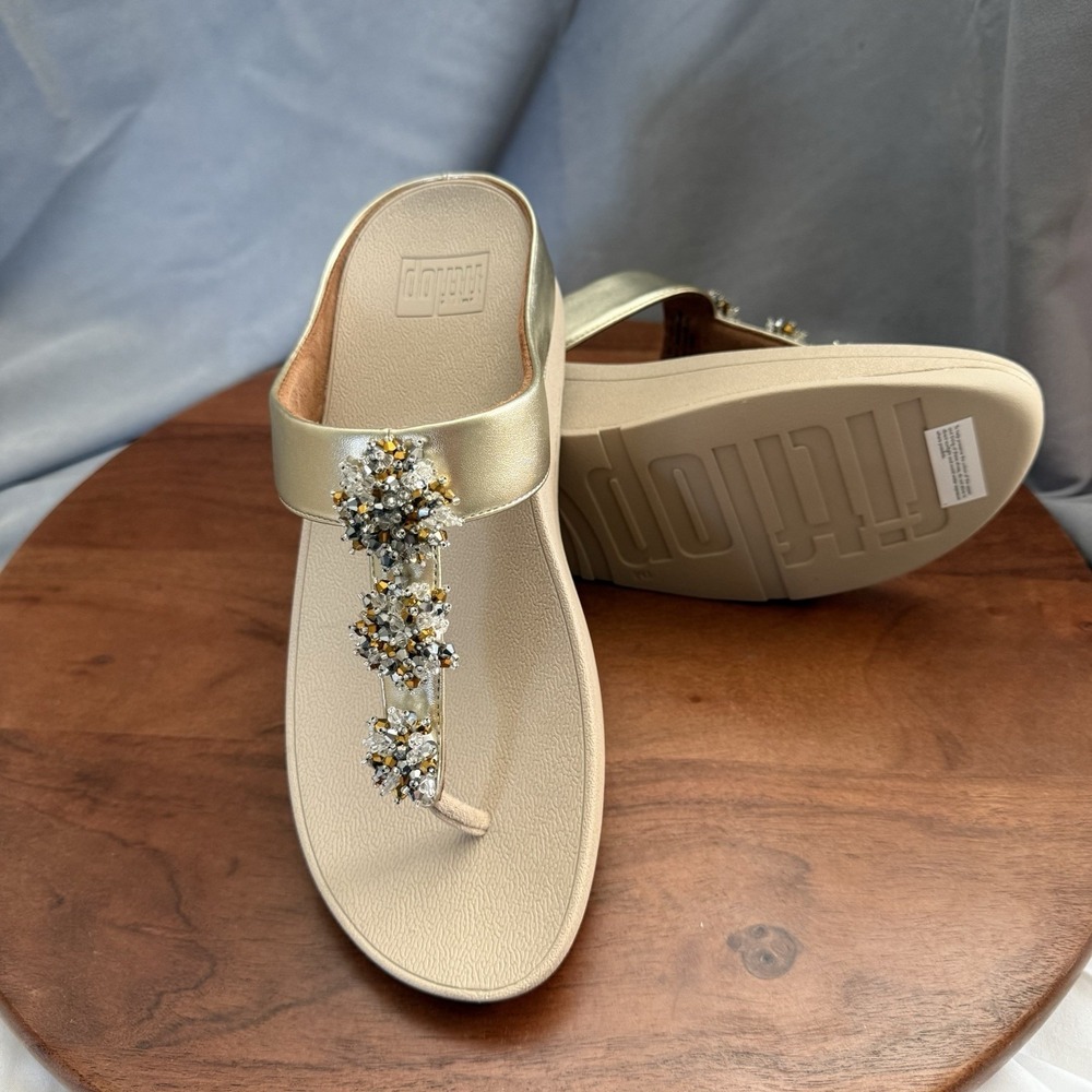 FitFlop‎ Galaxy Toe-Thong Twinkling Beads Embellished Slip-On Platino Women Sz 9